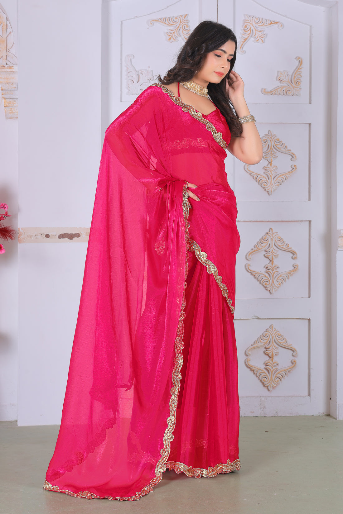 Royal Crimson Pink Designer Silk Saree with Luxurious Golden Lace Border