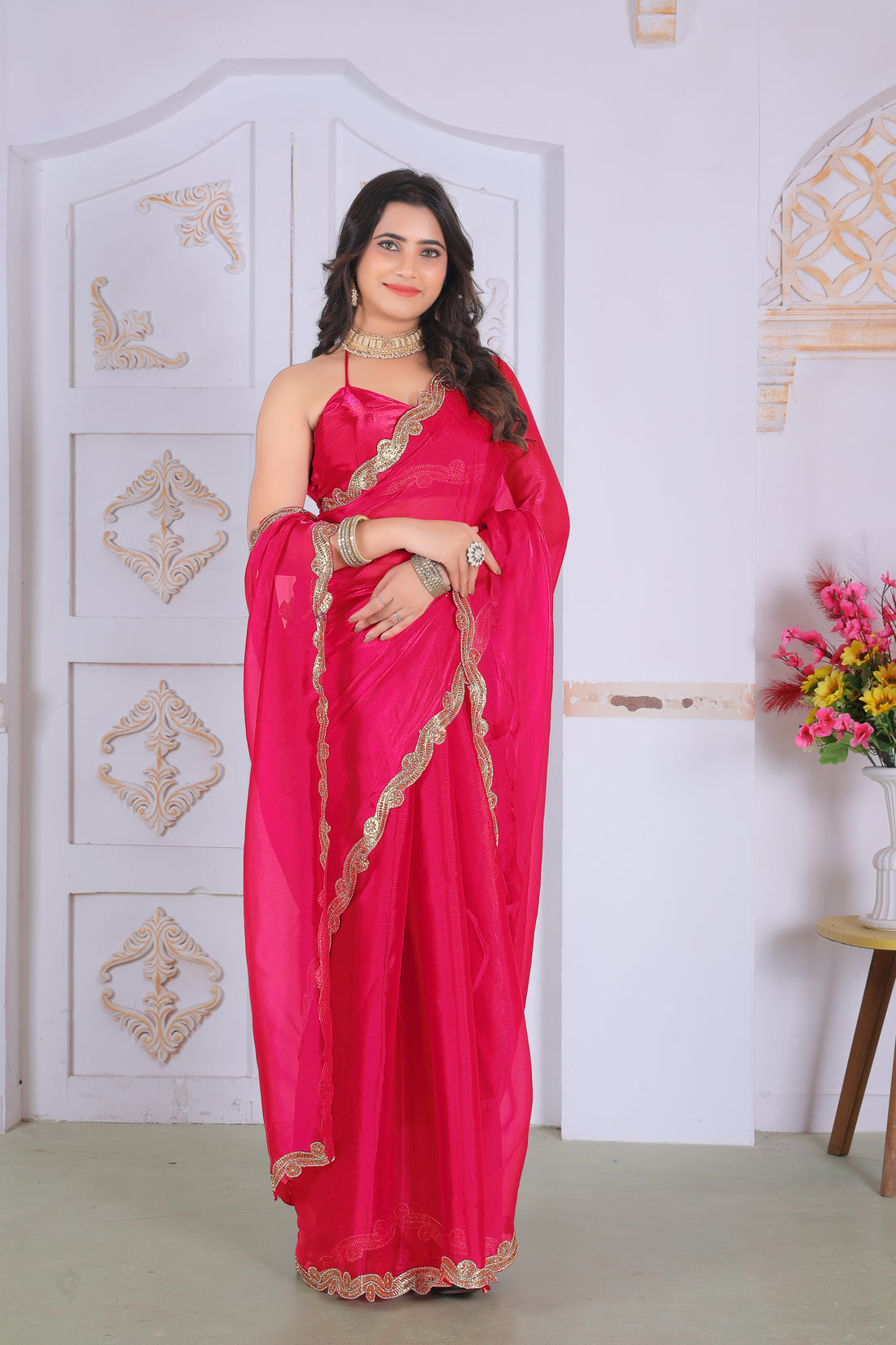 Royal Crimson Pink Designer Silk Saree with Luxurious Golden Lace Border