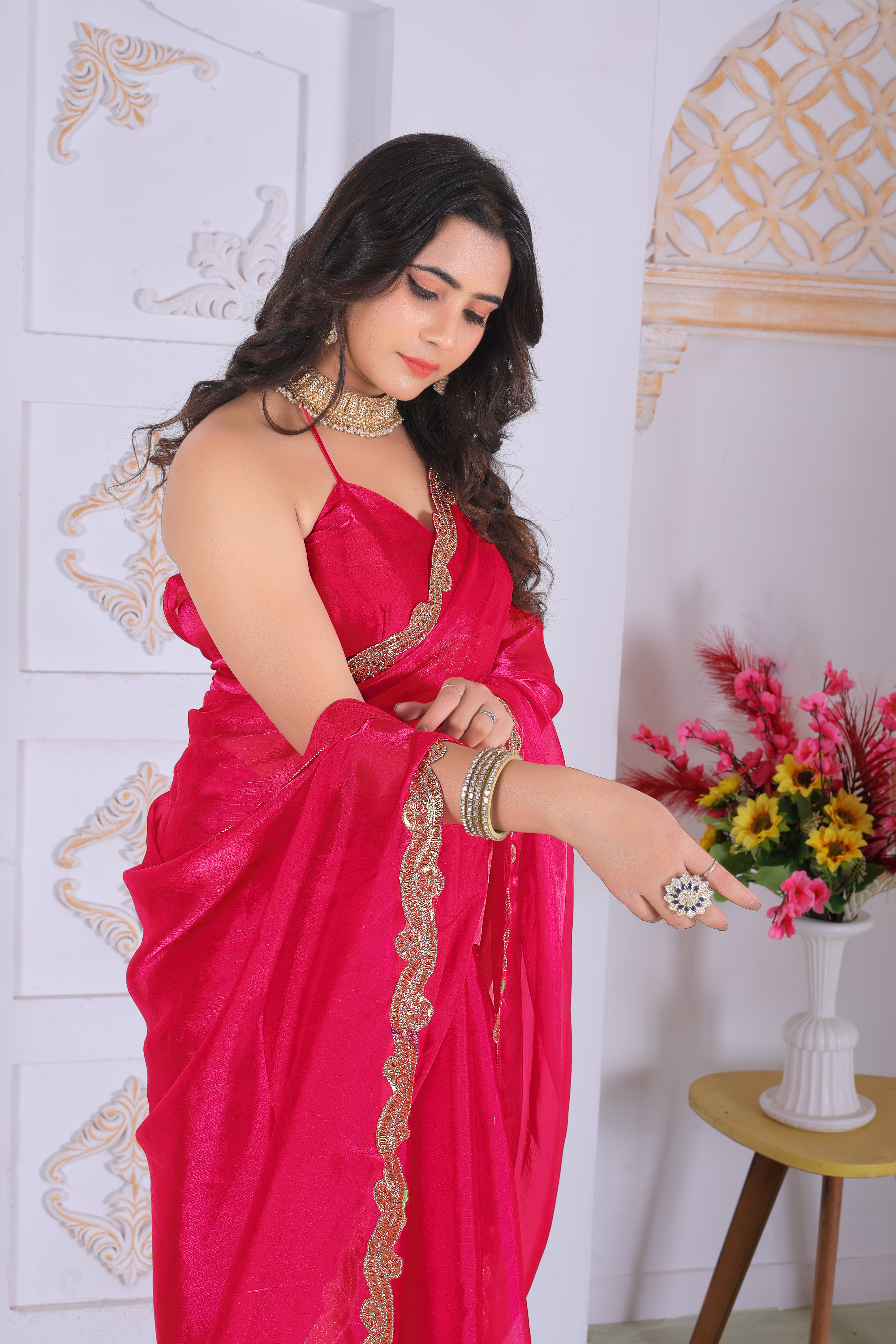 Royal Crimson Pink Designer Silk Saree with Luxurious Golden Lace Border