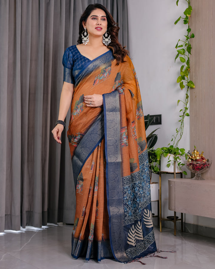 Royal Blue Border Ethnic Printed Saree