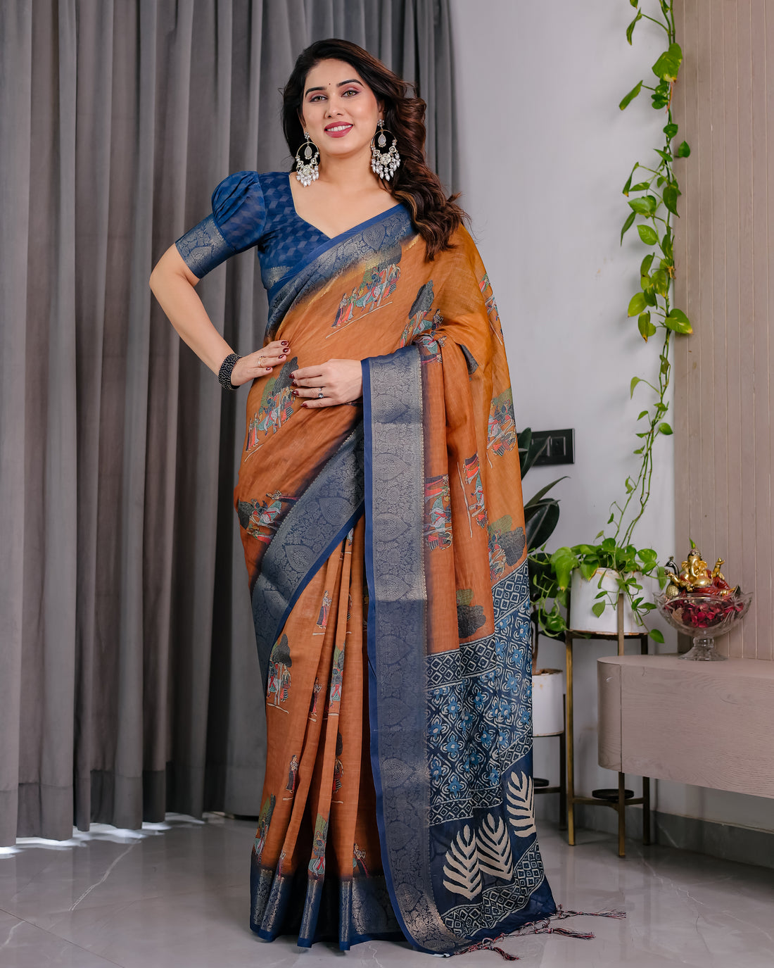 Royal Blue Border Ethnic Printed Saree