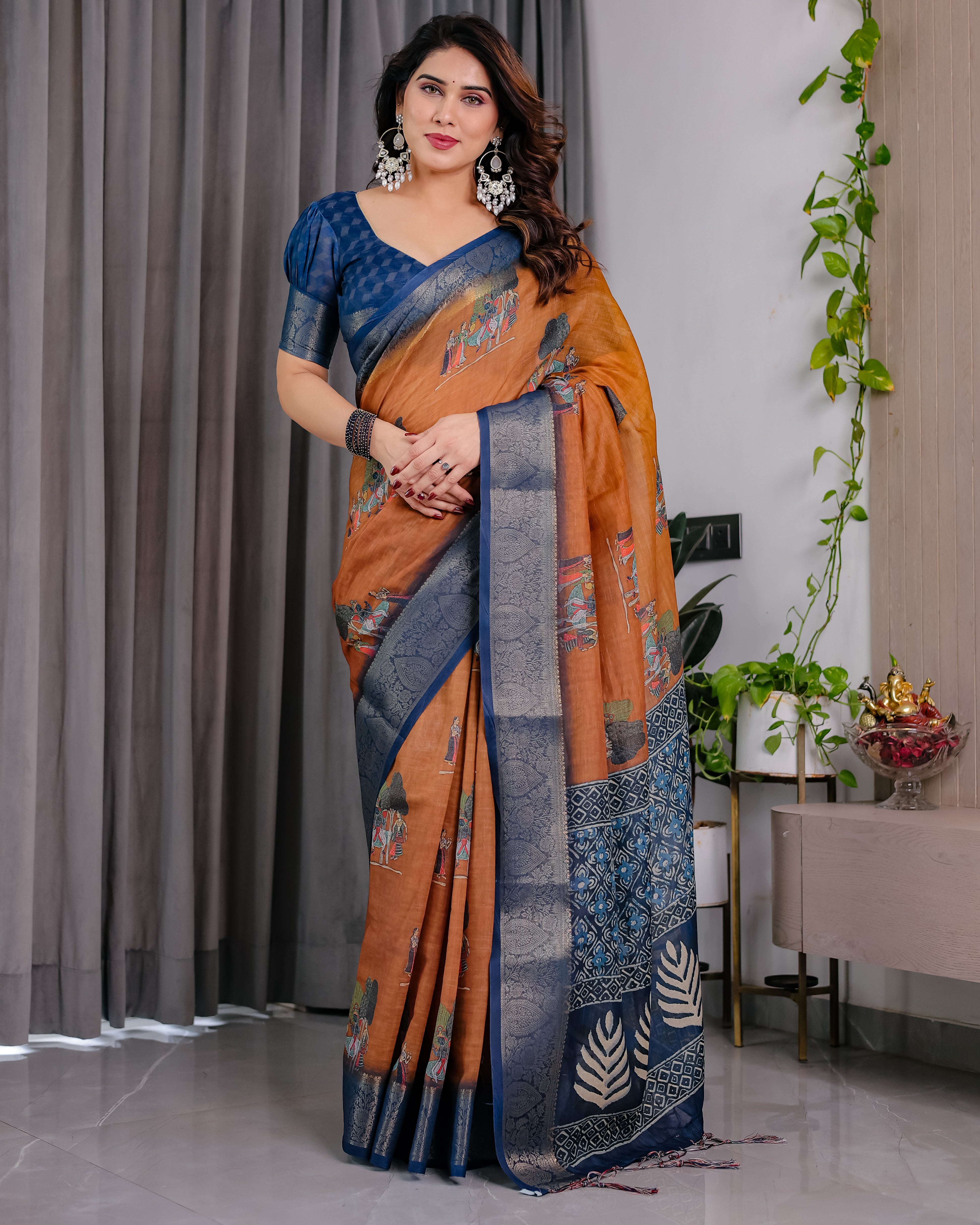 Royal Blue Border Ethnic Printed Saree