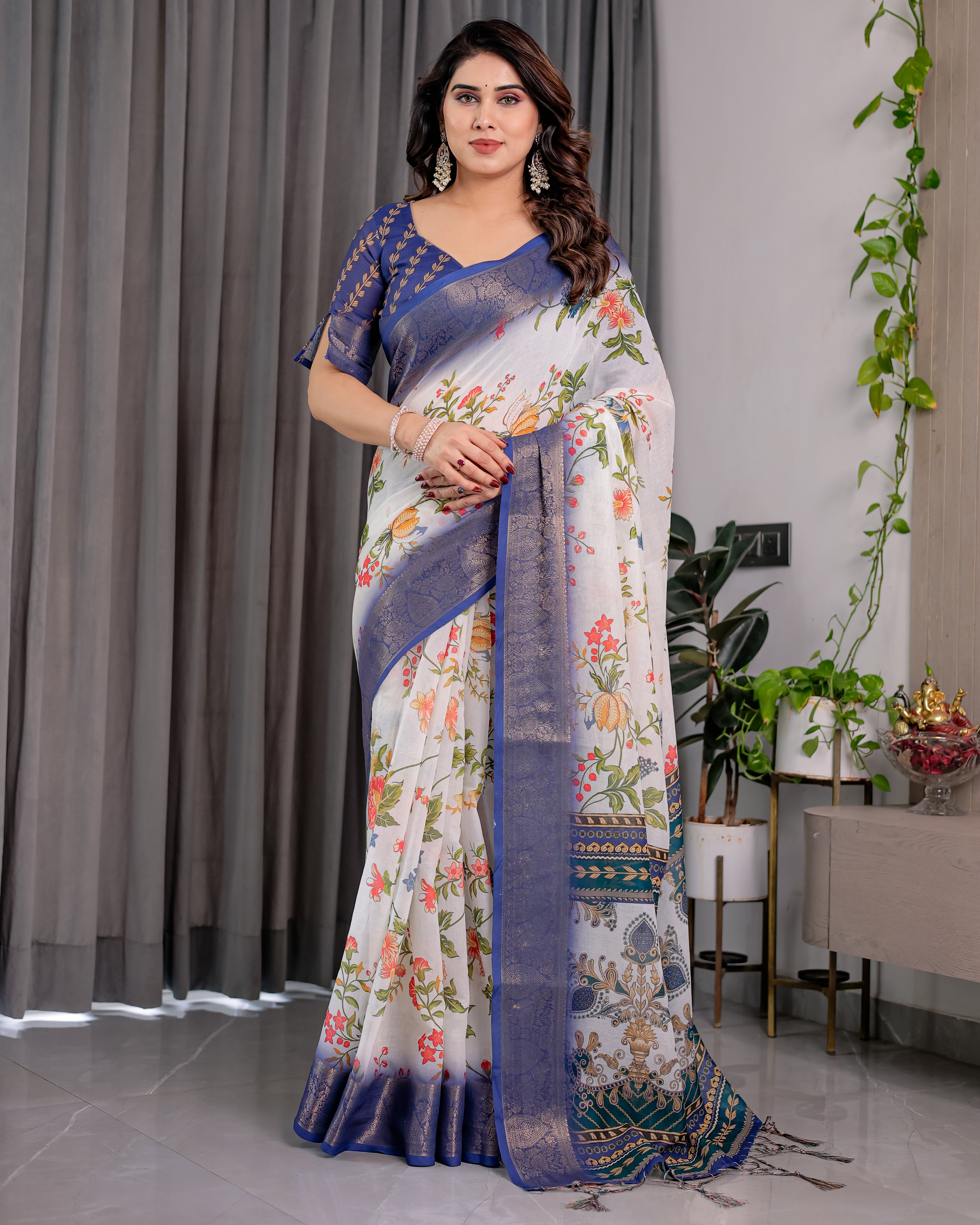 White Floral Printed Saree with Royal Blue Border