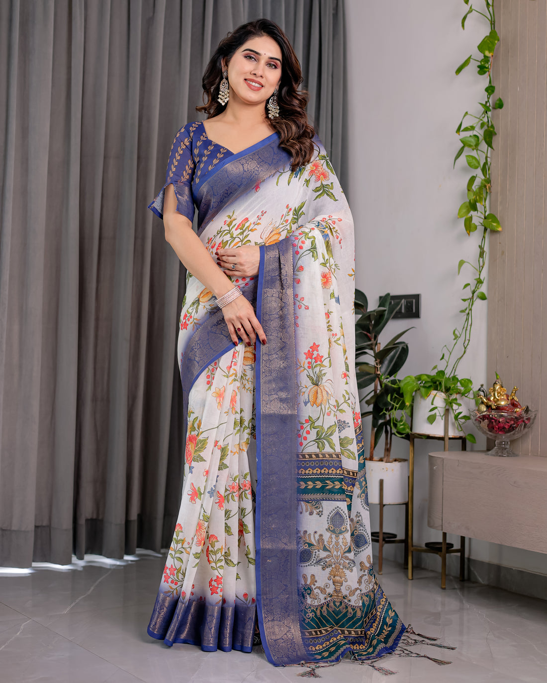 White Floral Printed Saree with Royal Blue Border