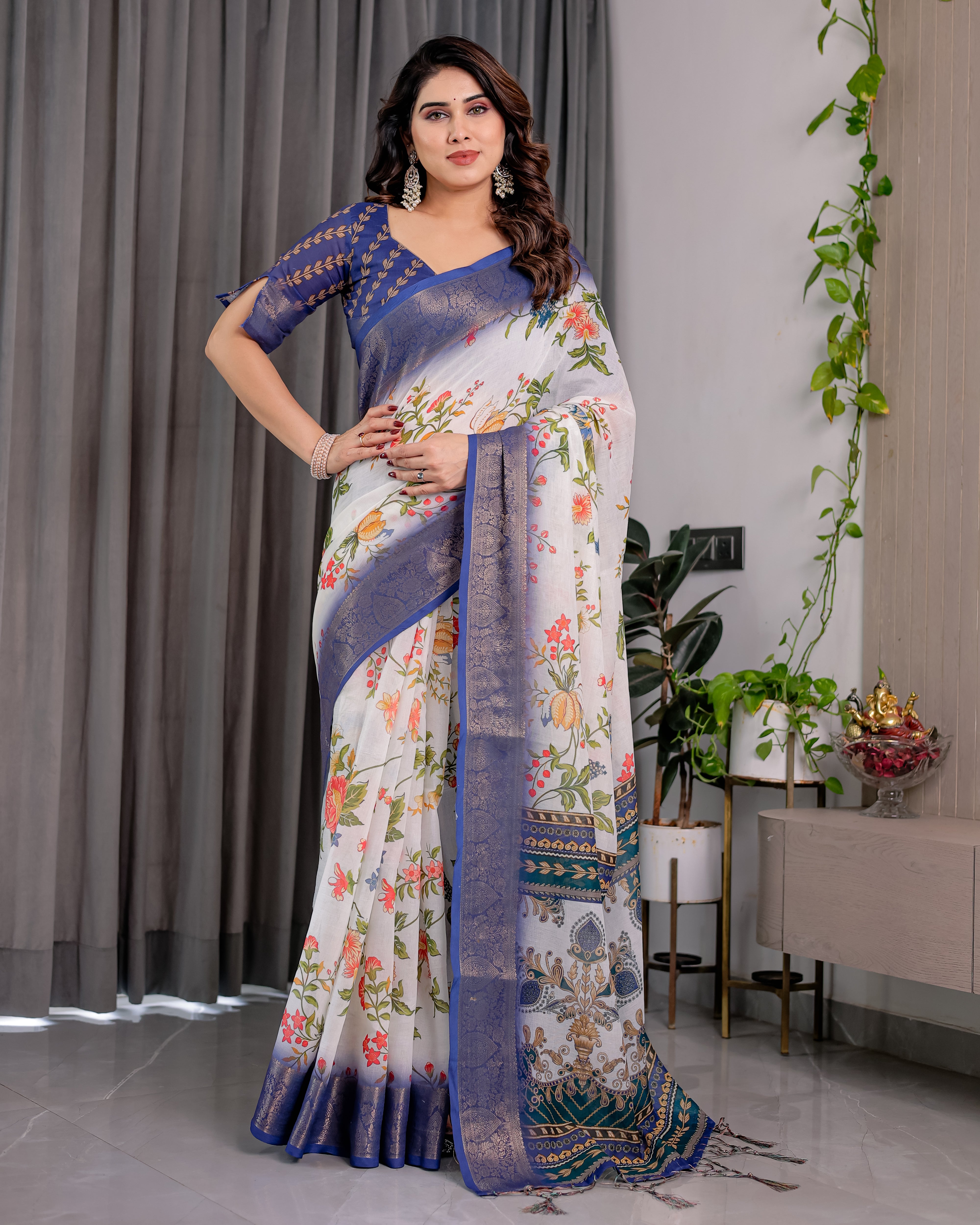 White Floral Printed Saree with Royal Blue Border