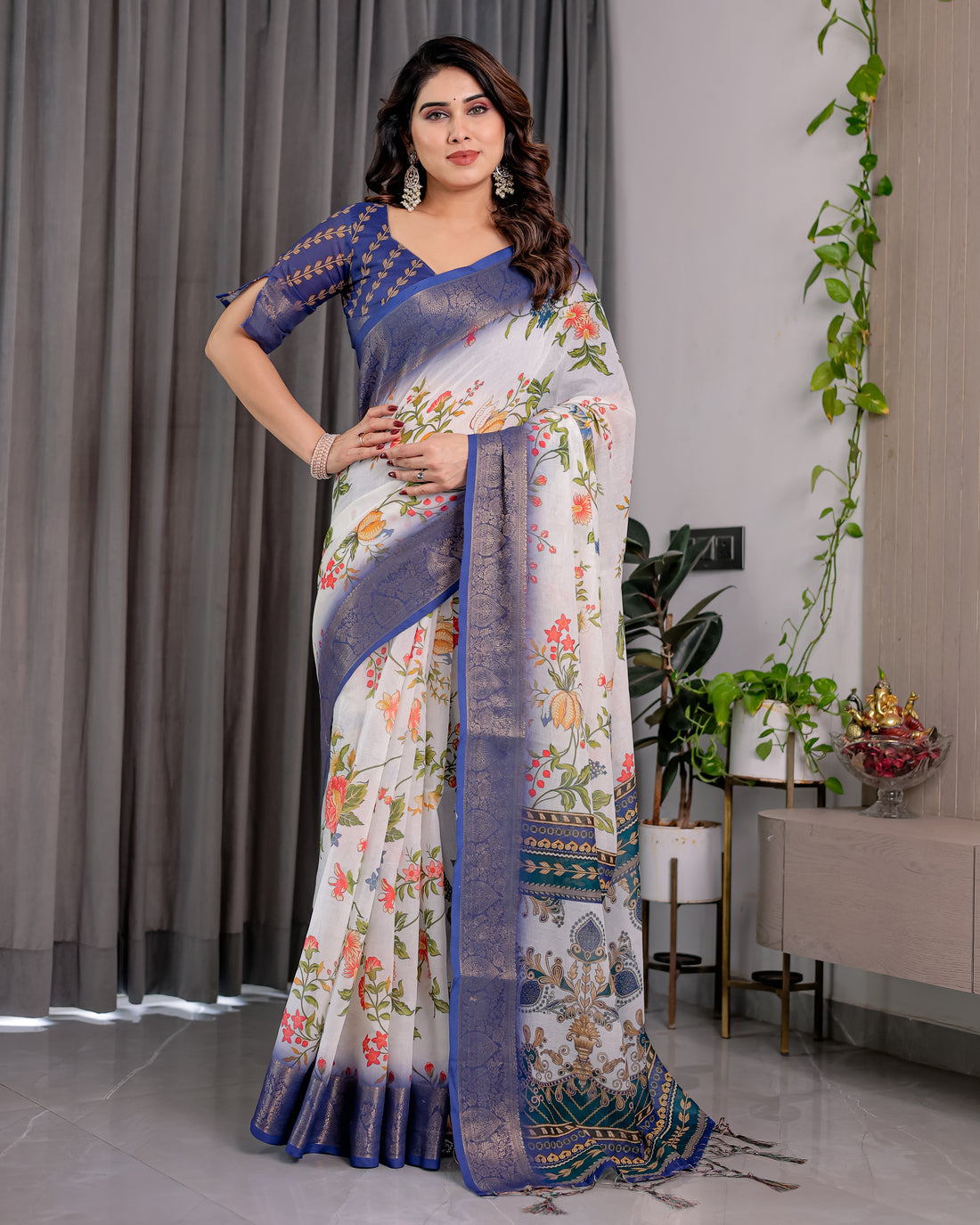 White Floral Printed Saree with Royal Blue Border