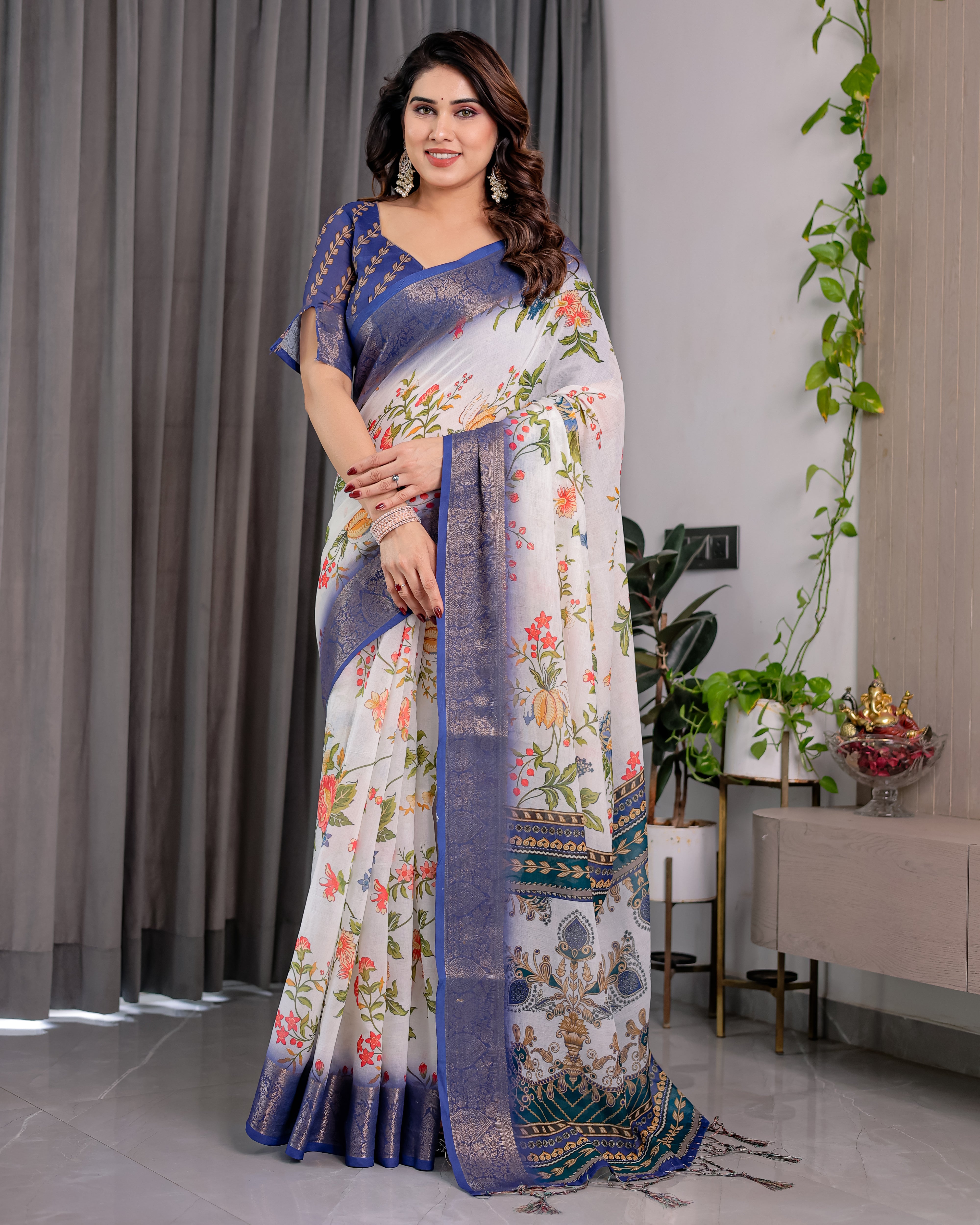 White Floral Printed Saree with Royal Blue Border