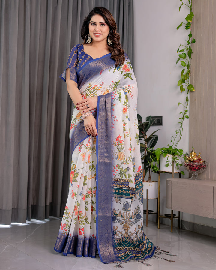White Floral Printed Saree with Royal Blue Border