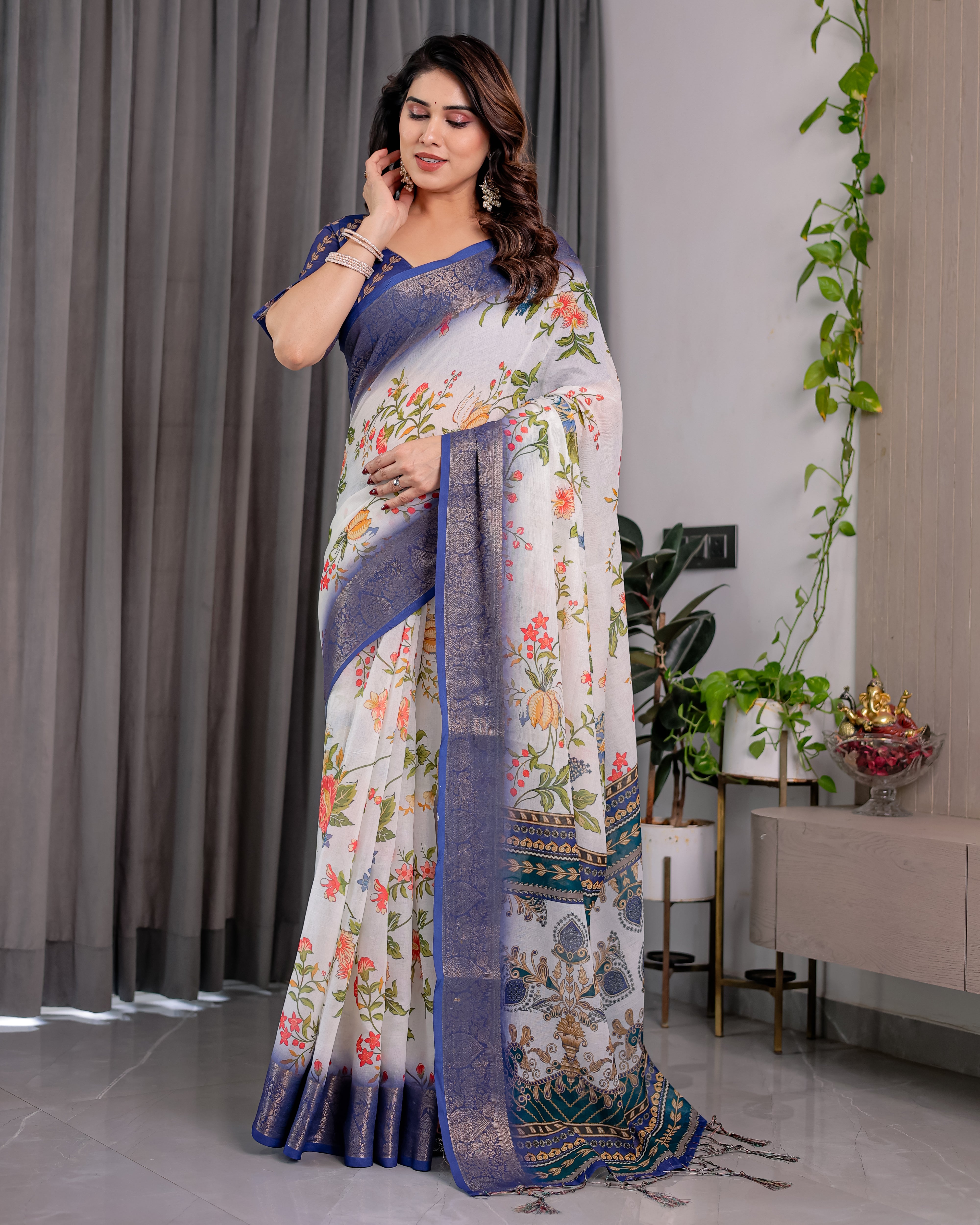 White Floral Printed Saree with Royal Blue Border