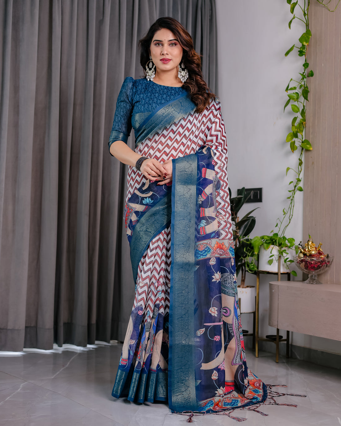 Chevron Print Saree with Royal Blue Zari Border & Artistic Pallu