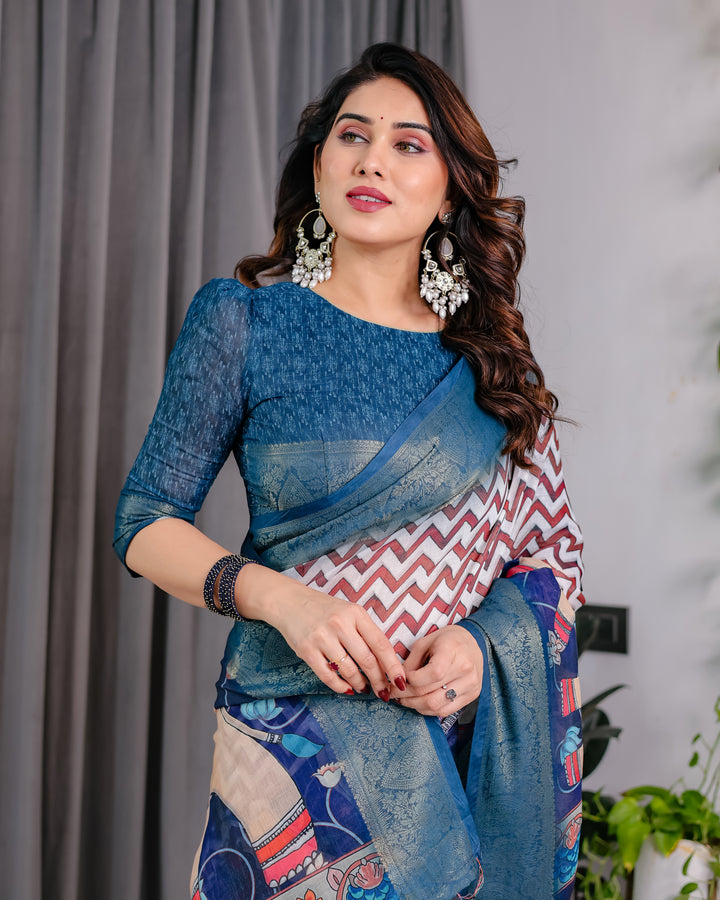 Chevron Print Saree with Royal Blue Zari Border & Artistic Pallu