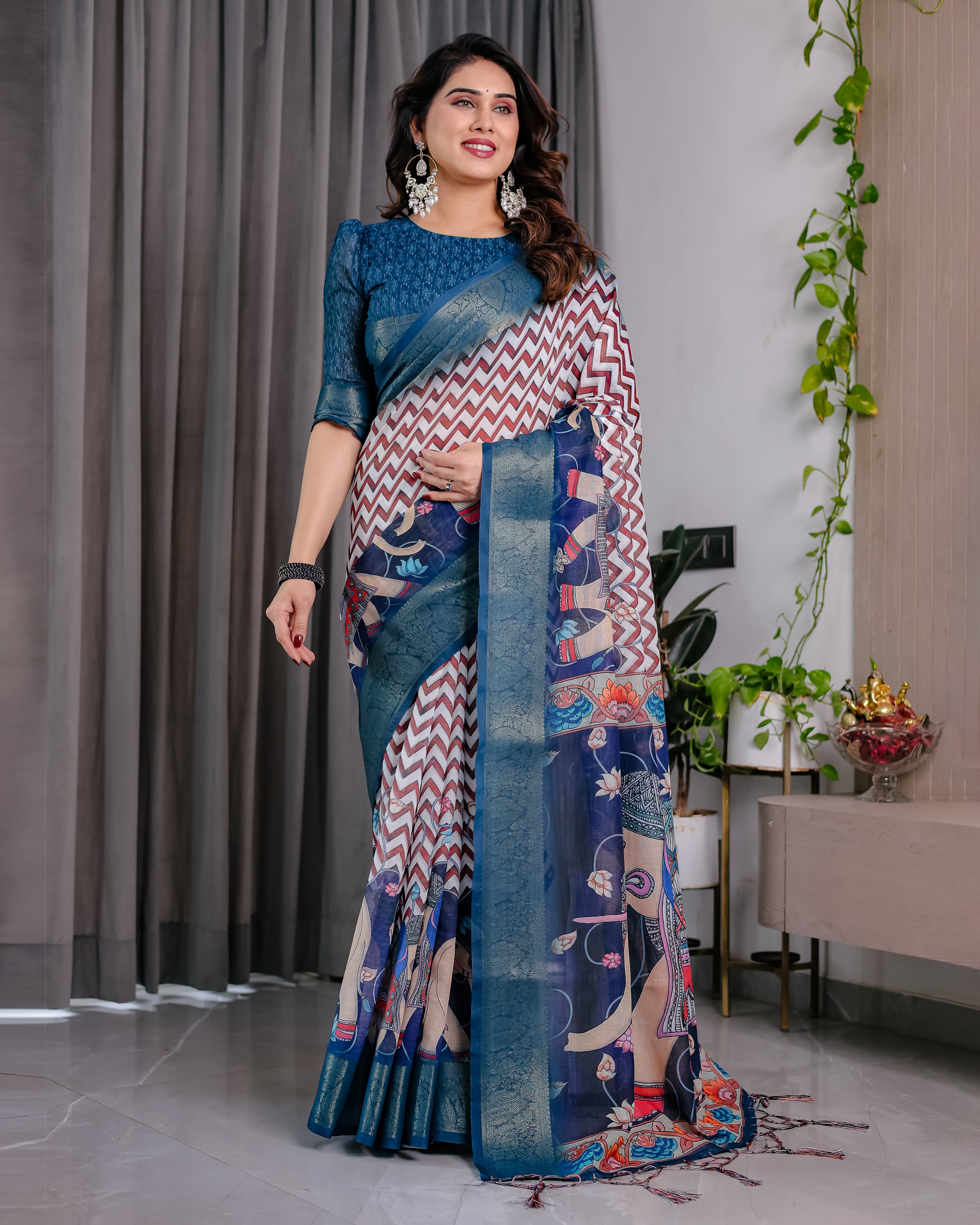 Chevron Print Saree with Royal Blue Zari Border & Artistic Pallu