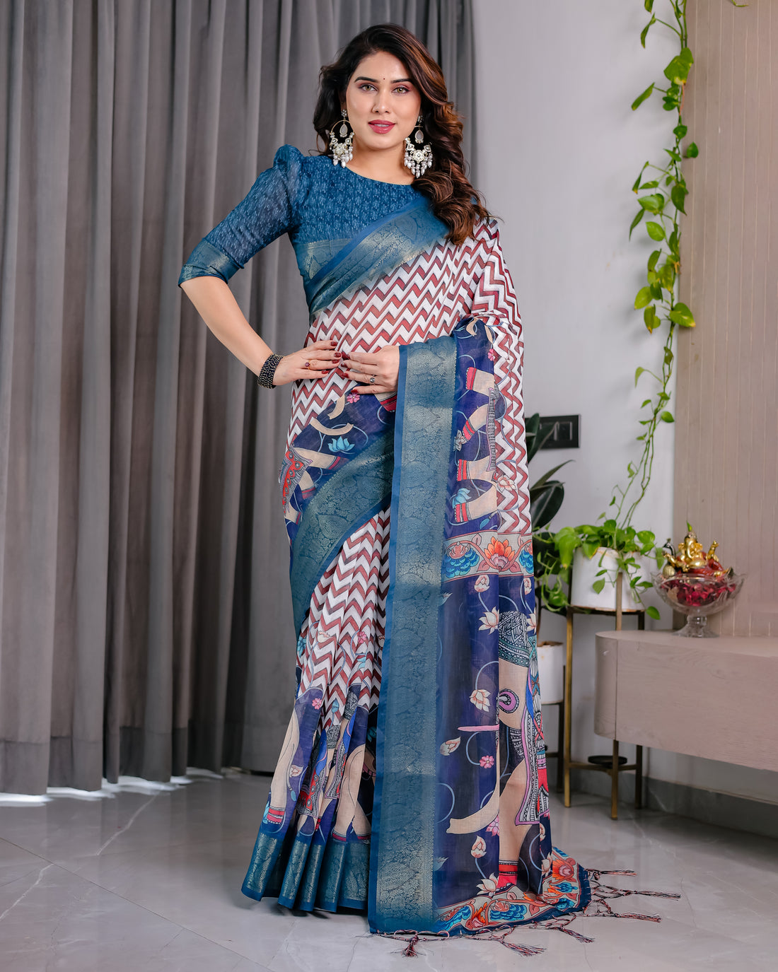 Chevron Print Saree with Royal Blue Zari Border & Artistic Pallu