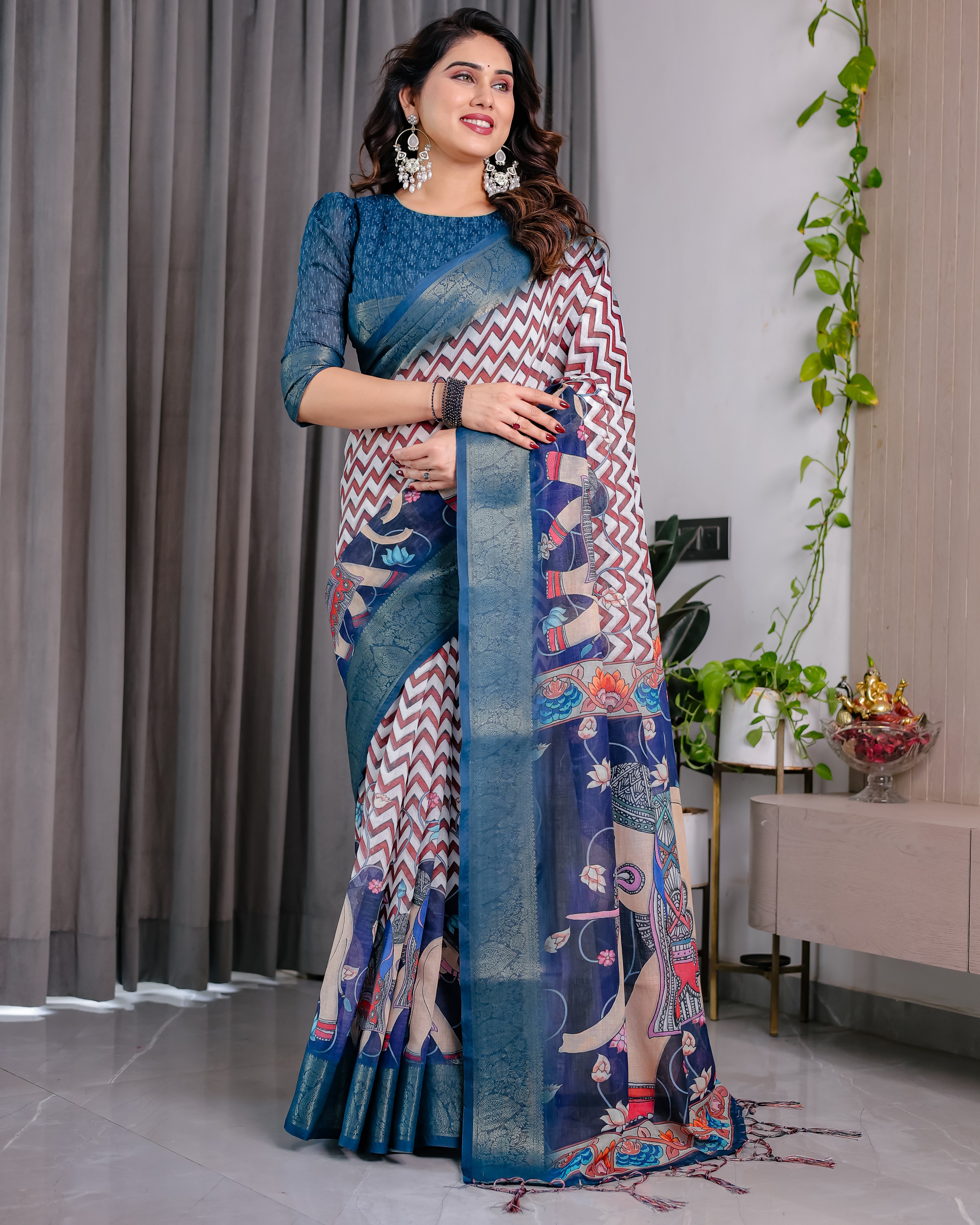 Chevron Print Saree with Royal Blue Zari Border & Artistic Pallu
