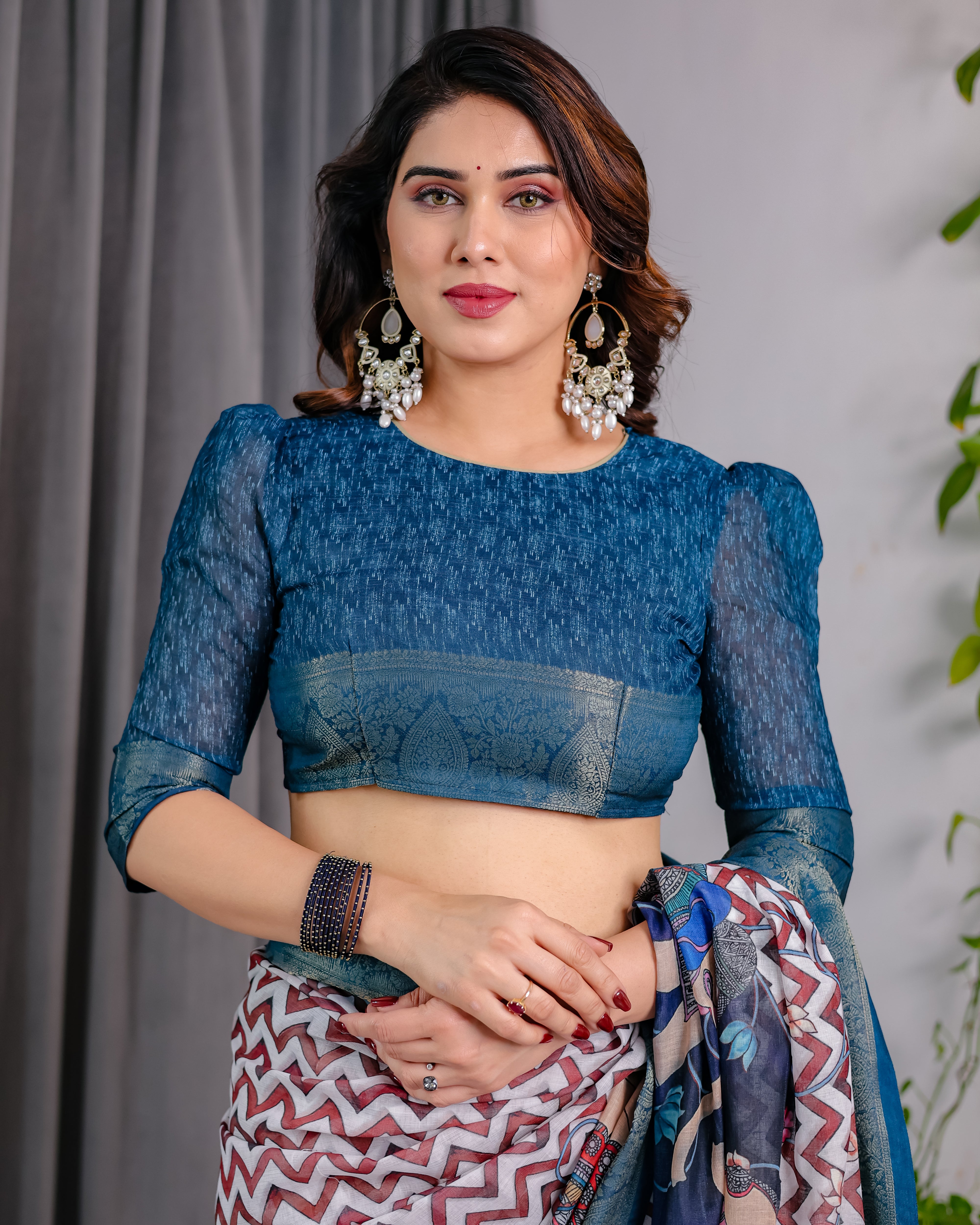 Chevron Print Saree with Royal Blue Zari Border & Artistic Pallu