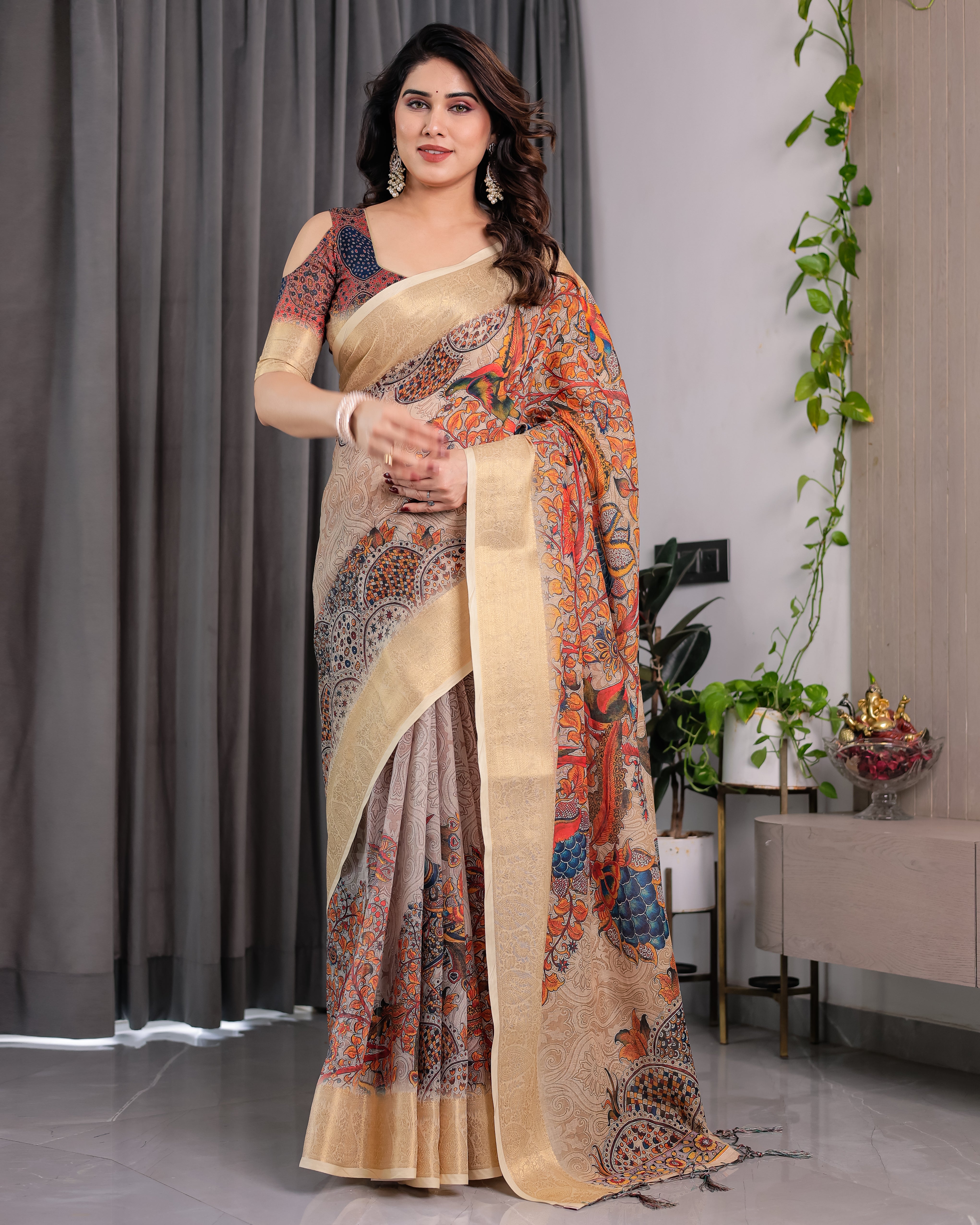Beige Gold Border Artistic Printed Saree with Peacock Design