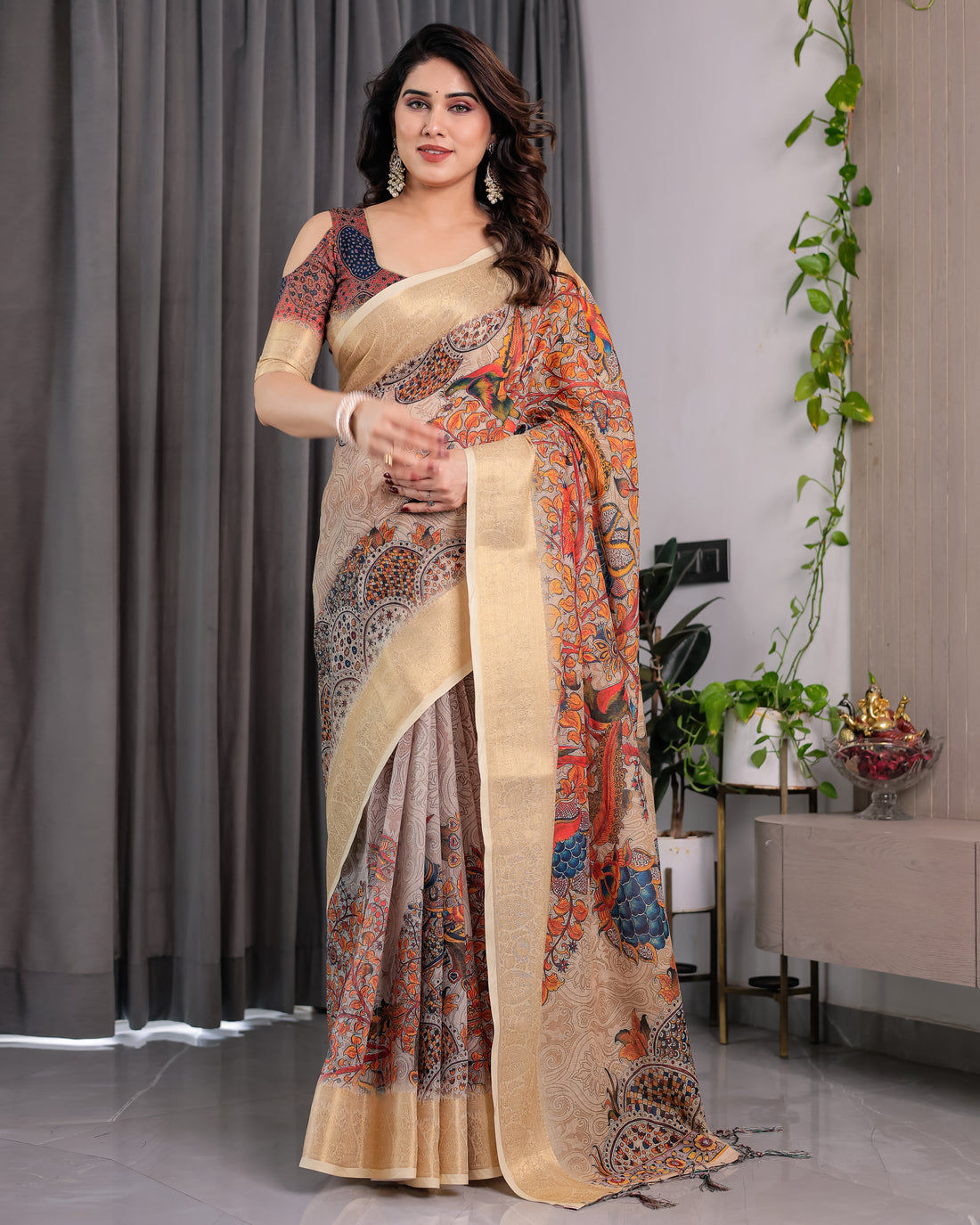Beige Gold Border Artistic Printed Saree with Peacock Design