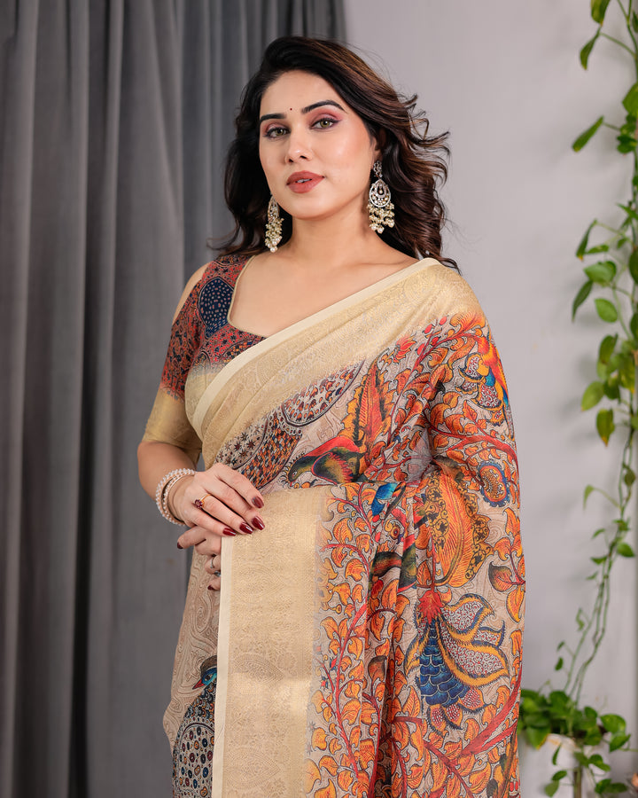 Beige Gold Border Artistic Printed Saree with Peacock Design