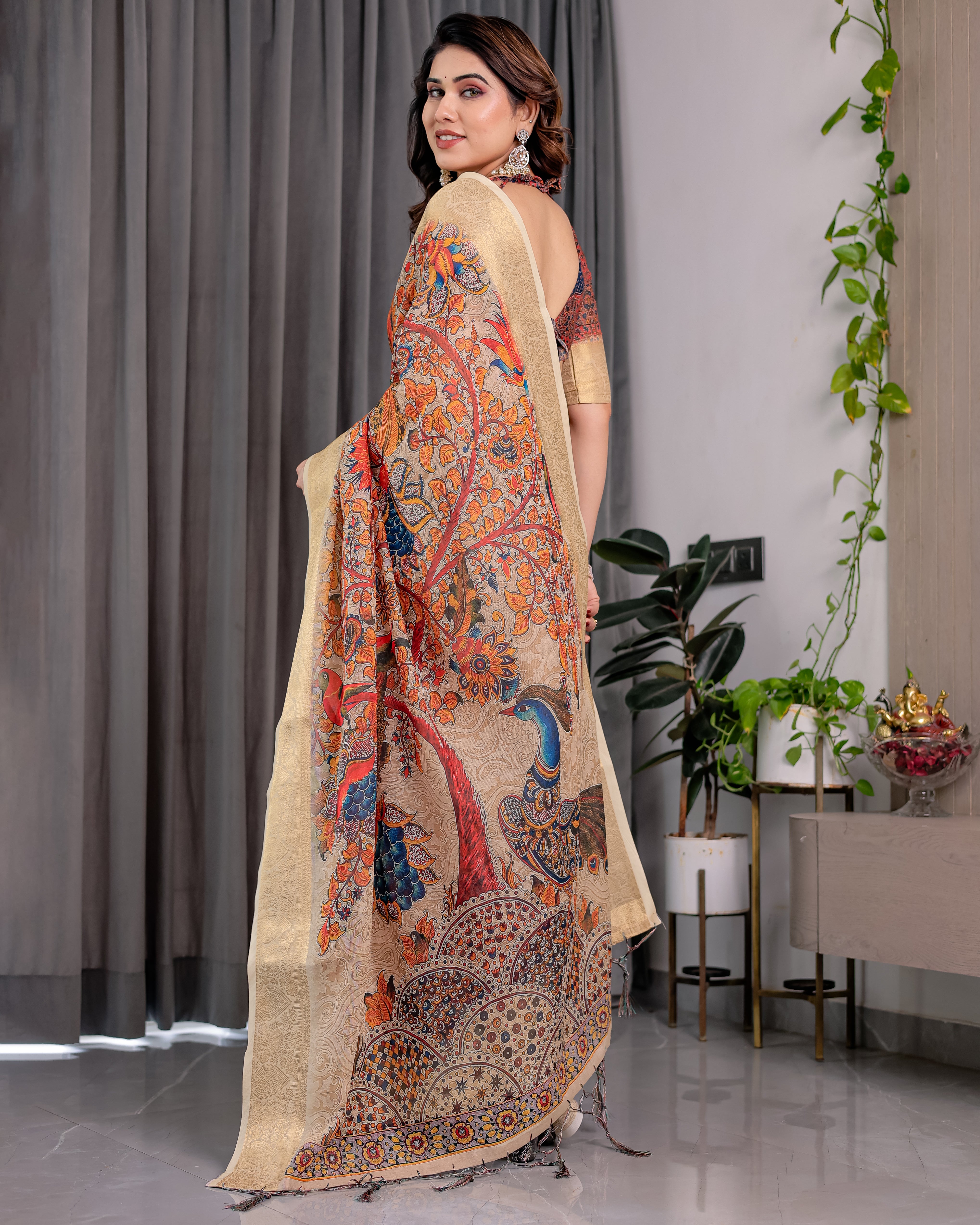 Beige Gold Border Artistic Printed Saree with Peacock Design