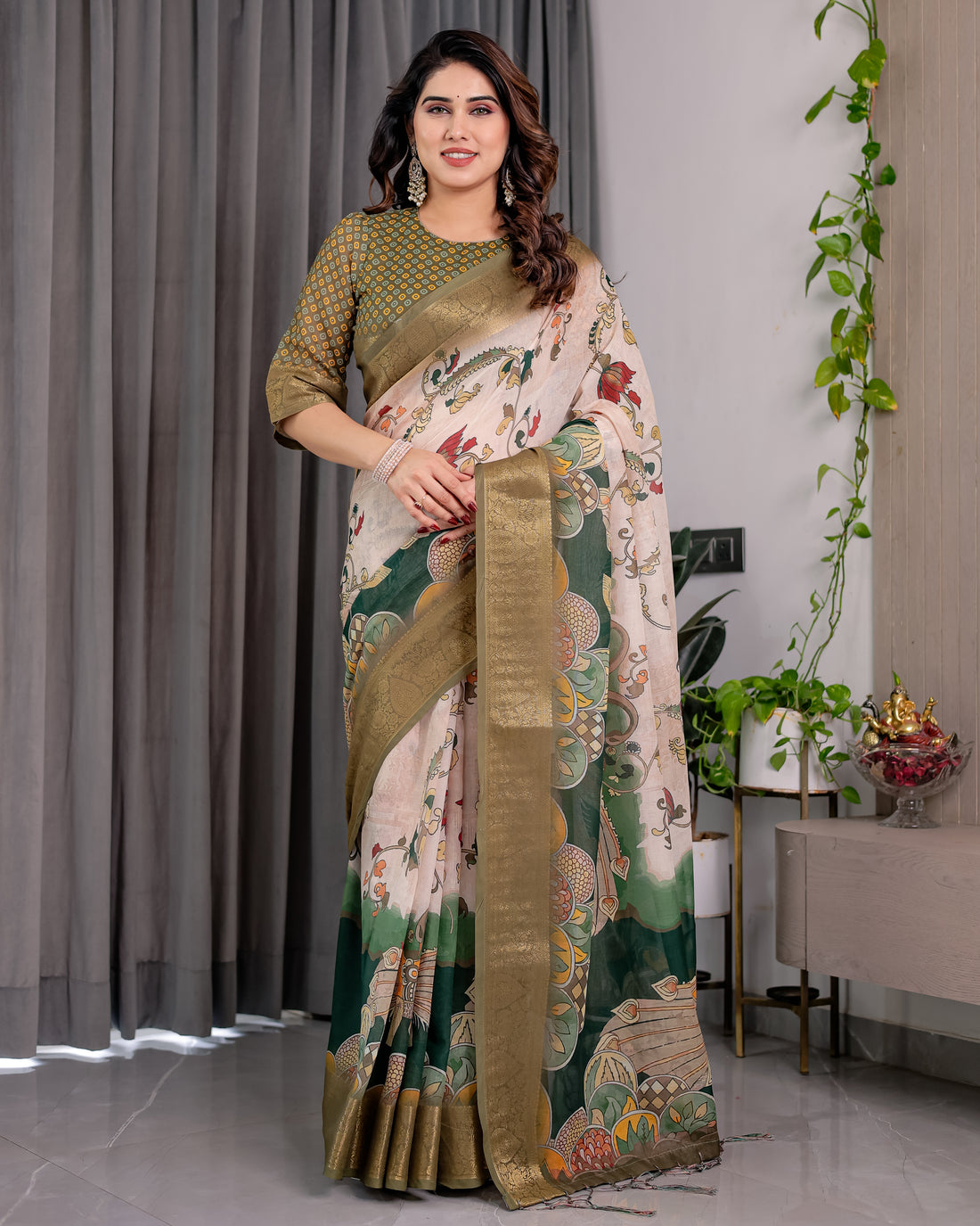 White & Green Art Print Saree with Rich Golden Weaving Border