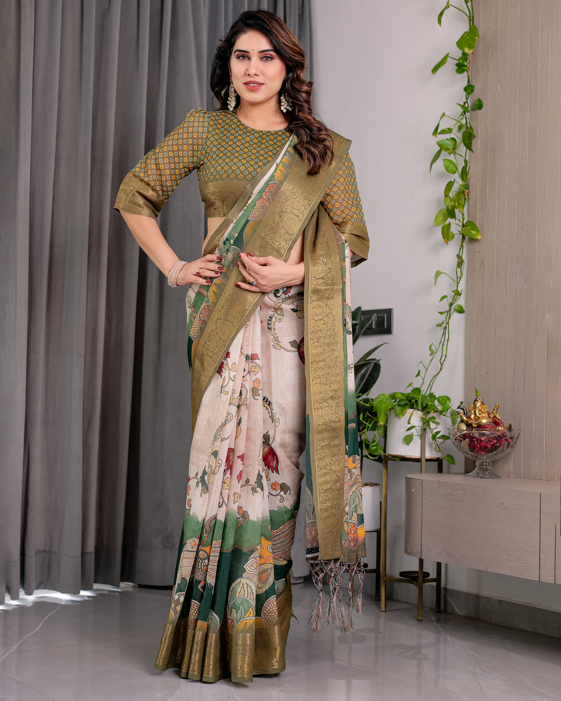 White & Green Art Print Saree with Rich Golden Weaving Border