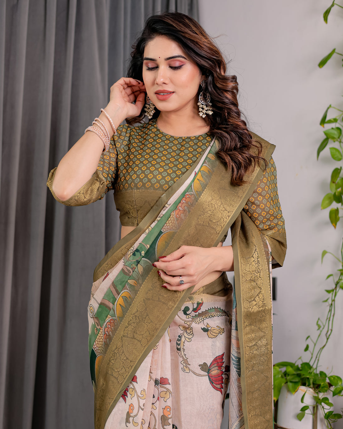 White & Green Art Print Saree with Rich Golden Weaving Border