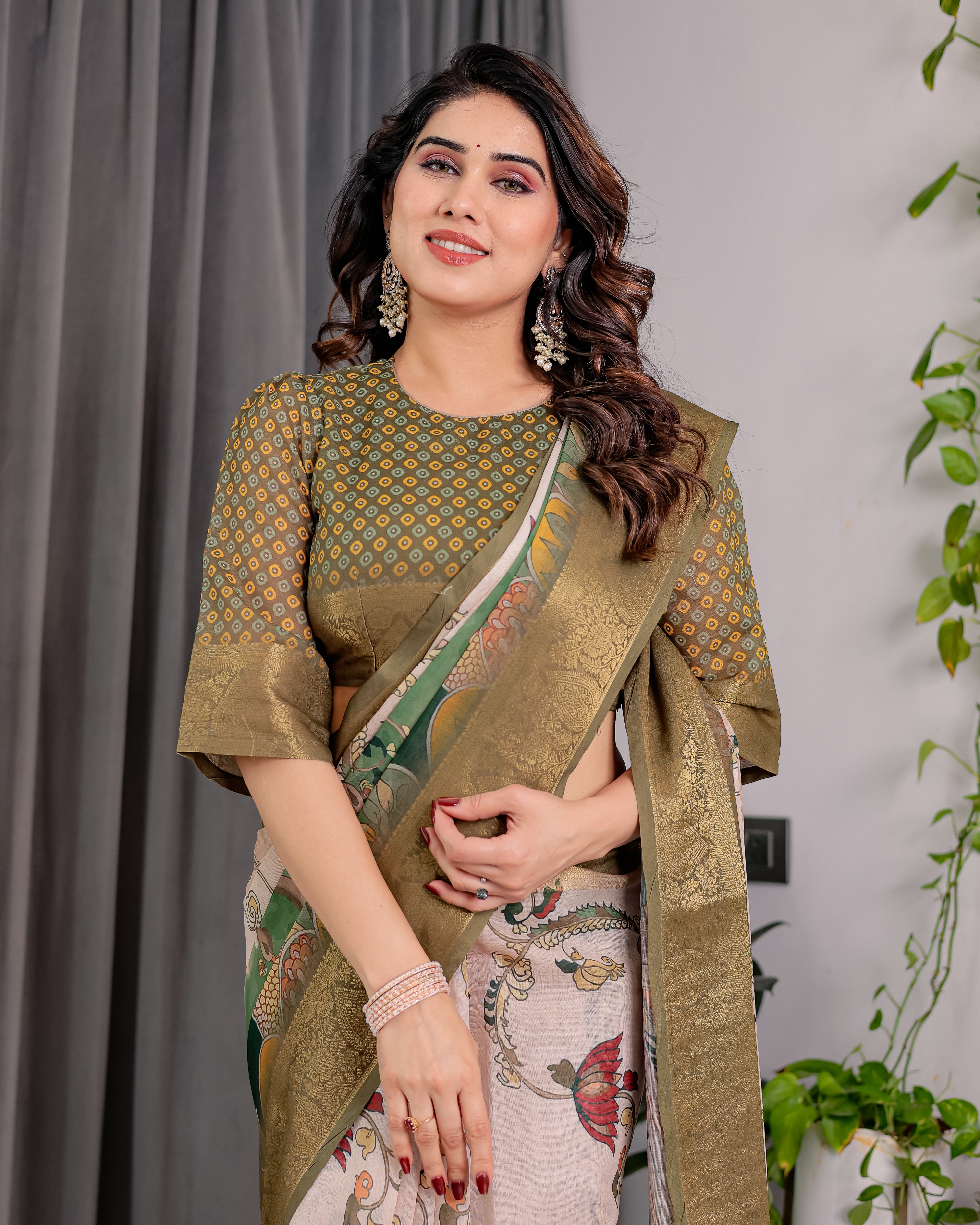 White & Green Art Print Saree with Rich Golden Weaving Border