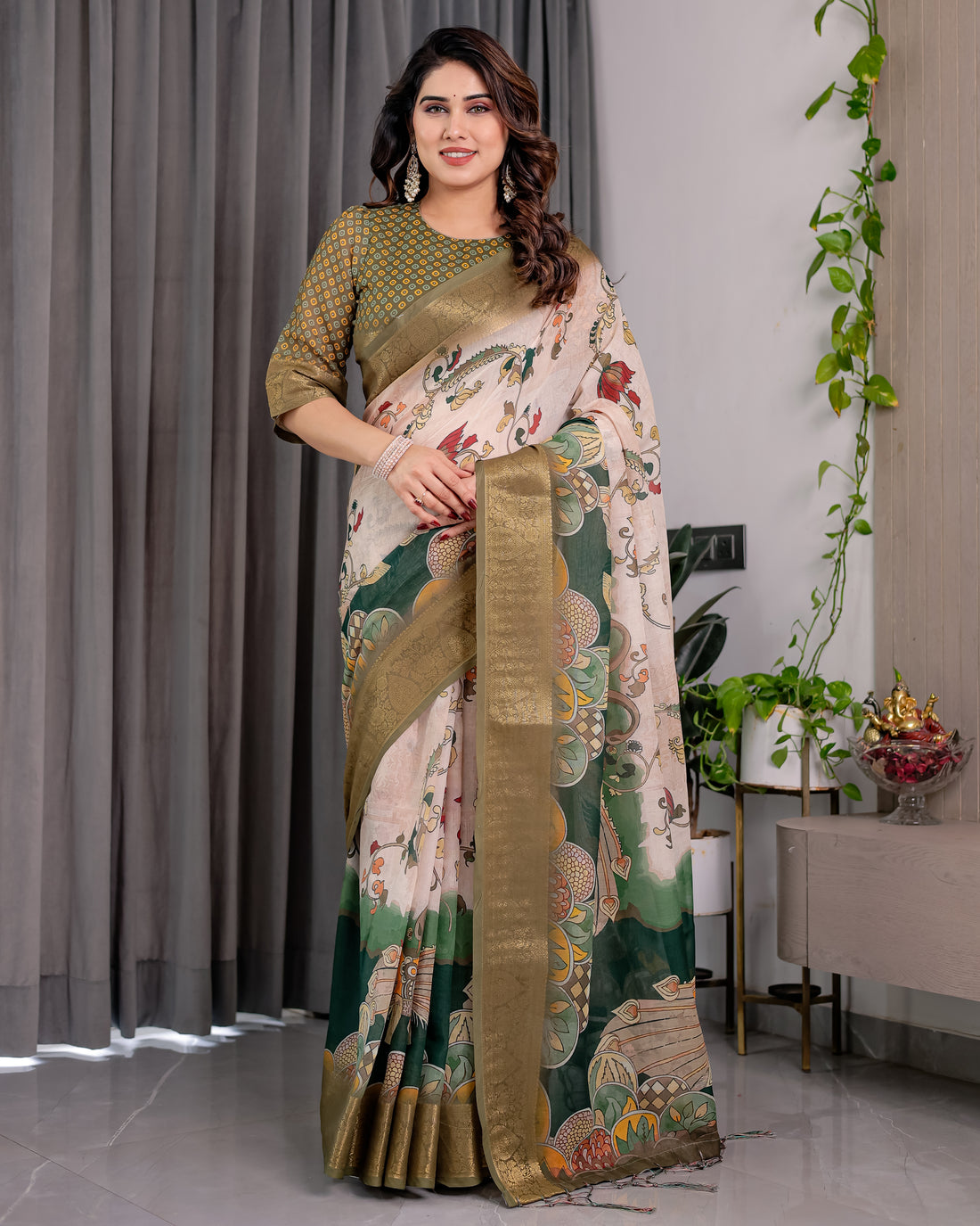 White & Green Art Print Saree with Rich Golden Weaving Border