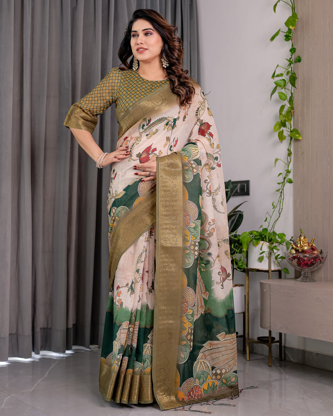 White & Green Art Print Saree with Rich Golden Weaving Border