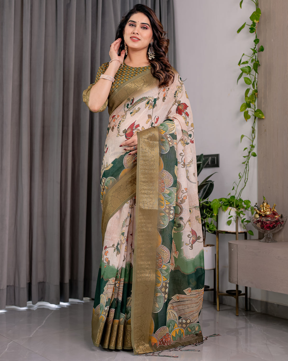 White & Green Art Print Saree with Rich Golden Weaving Border