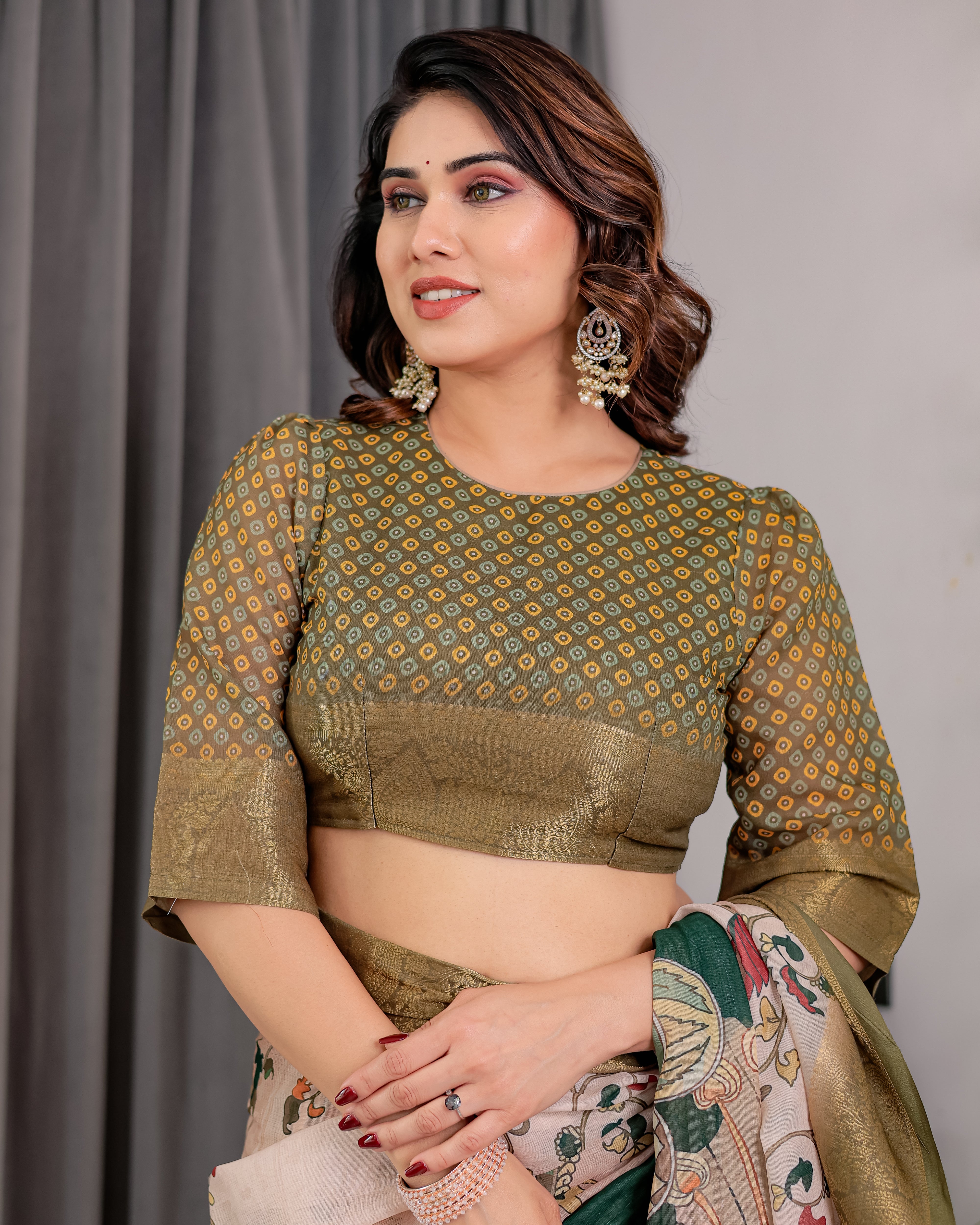 White & Green Art Print Saree with Rich Golden Weaving Border