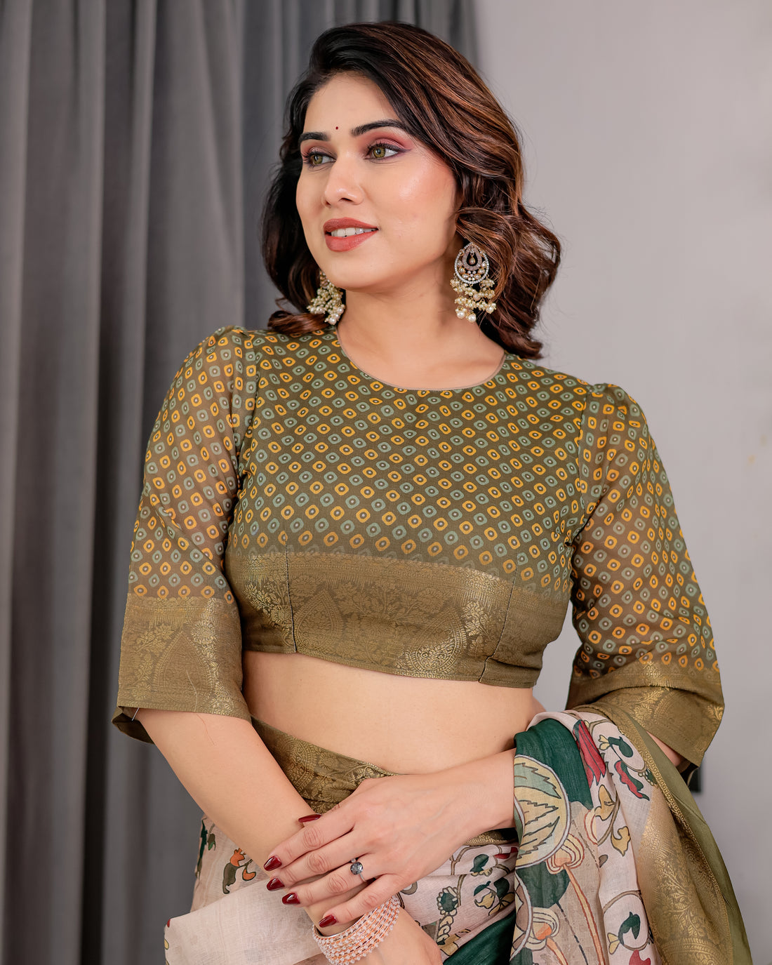 White & Green Art Print Saree with Rich Golden Weaving Border