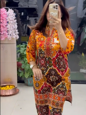 Women's Premium Orange Ethnic Printed Kurta Pant Set