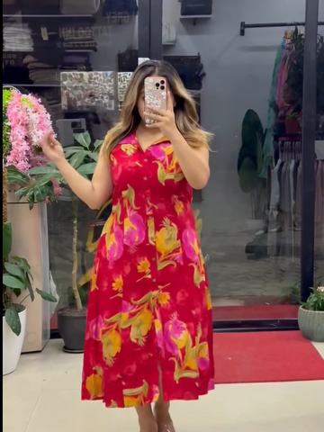 Women’s Floral Printed Sleeveless A-Line Midi Dress