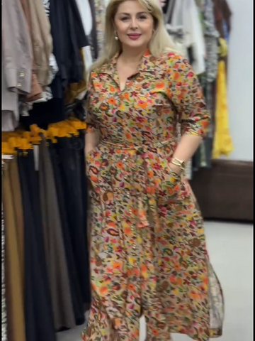 Women’s Floral Printed Shirt Collar Midi Dress with Waist Belt