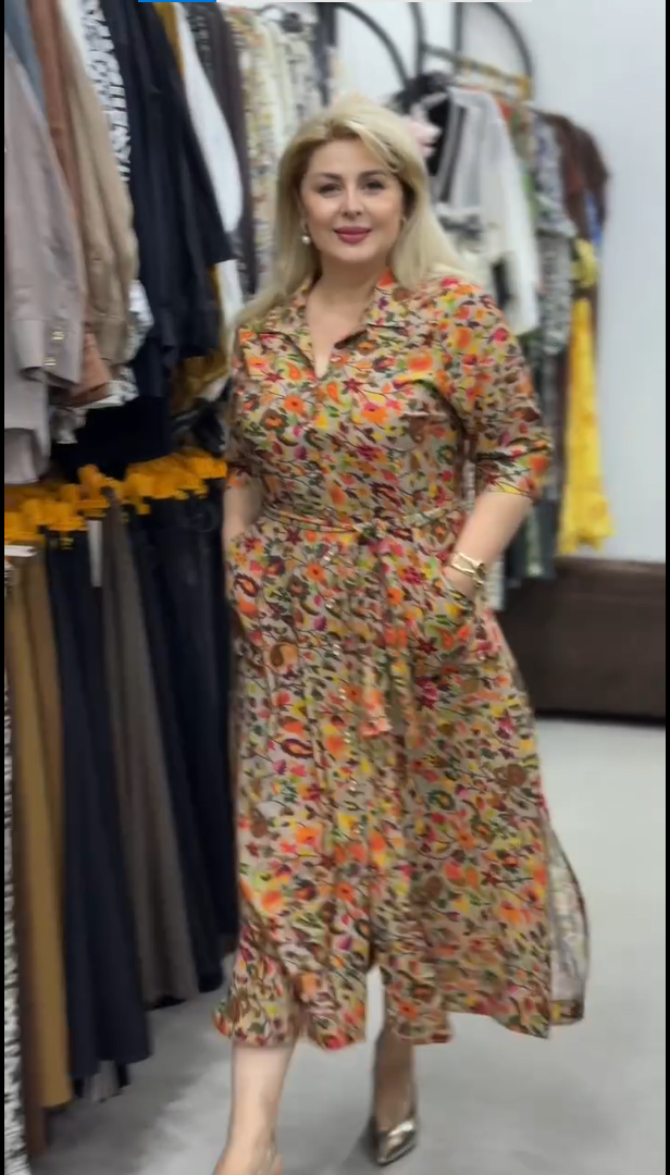 Women’s Floral Printed Shirt Collar Midi Dress with Waist Belt