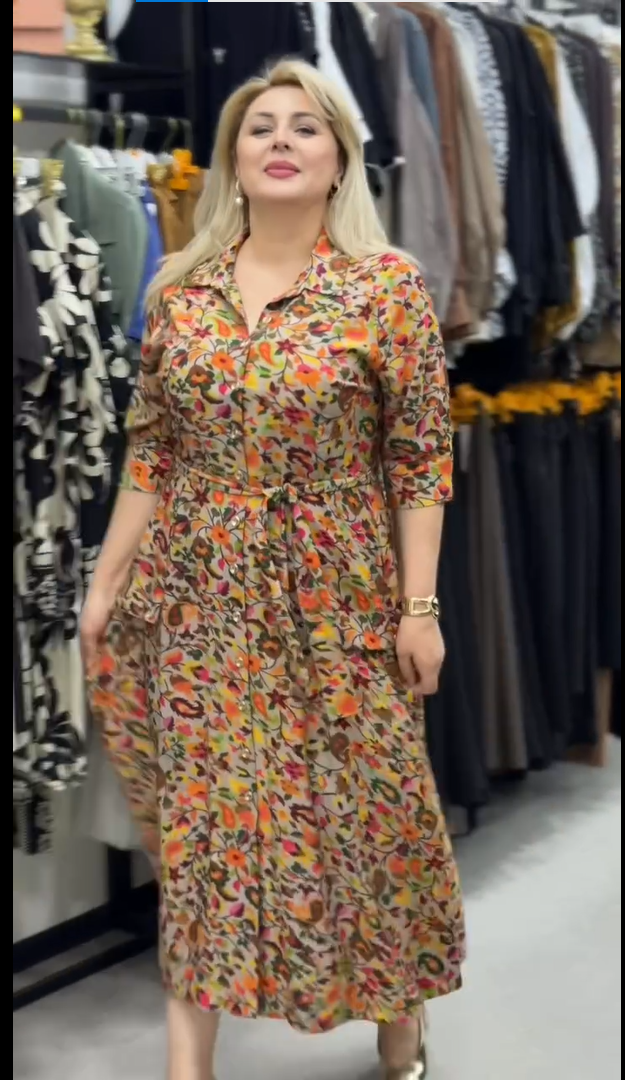 Women’s Floral Printed Shirt Collar Midi Dress with Waist Belt