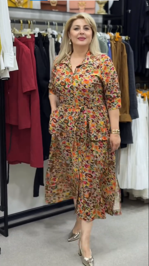 Women’s Floral Printed Shirt Collar Midi Dress with Waist Belt