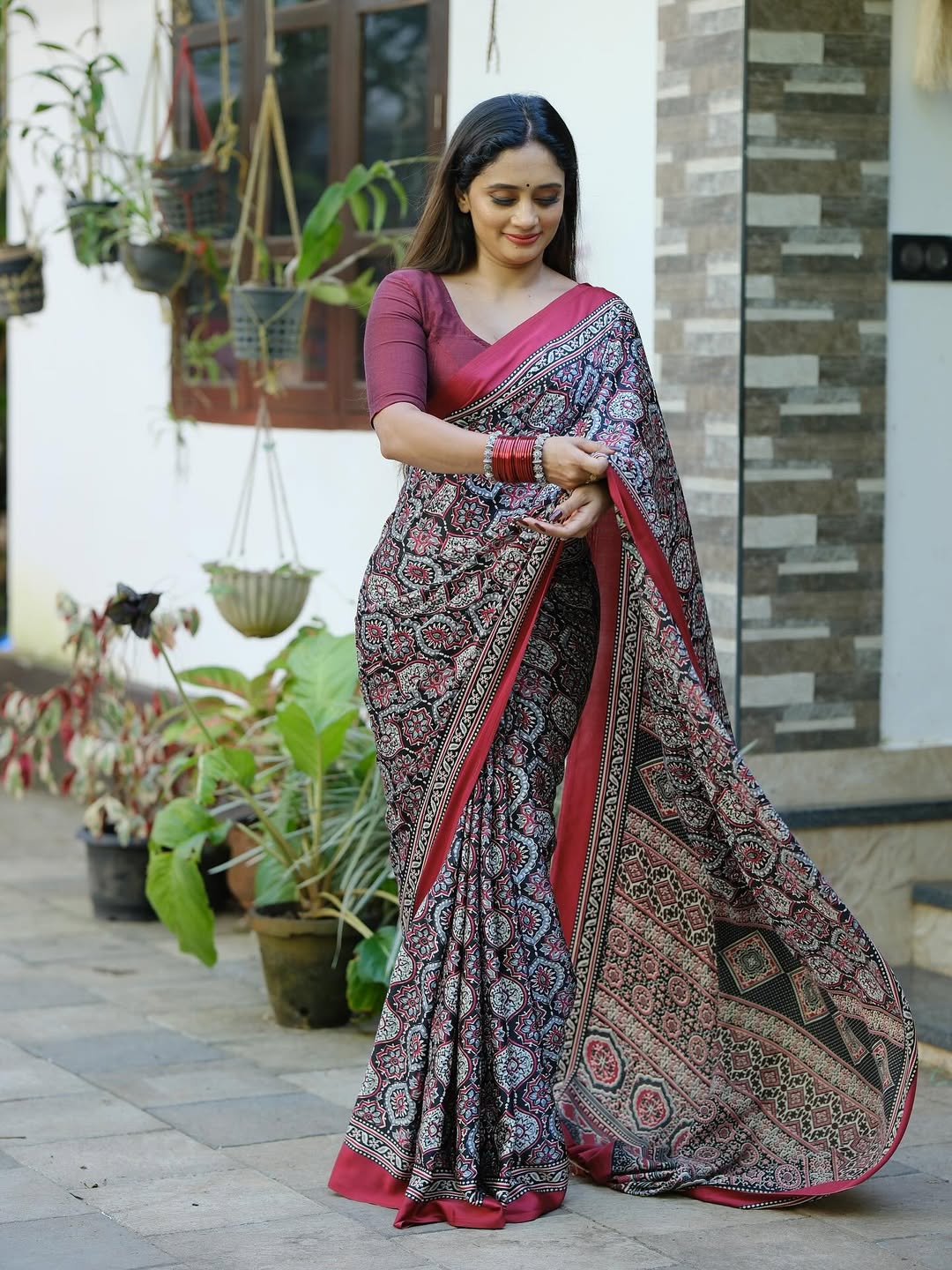 Heritage Ajrakh Digital Printed Saree in Maroon – Wedding & Festive Wear