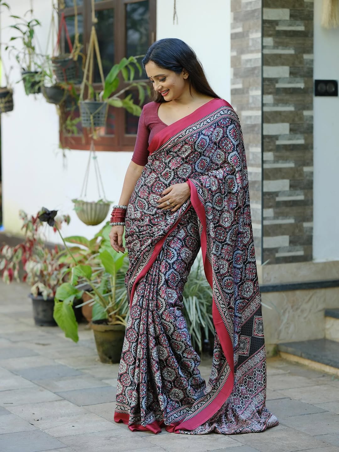 Heritage Ajrakh Digital Printed Saree in Maroon – Wedding & Festive Wear