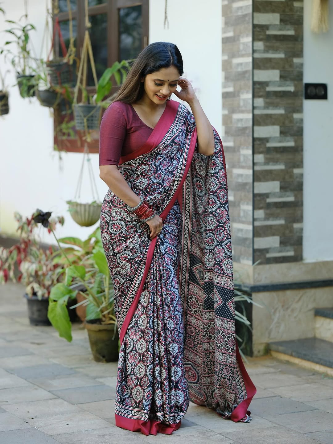 Heritage Ajrakh Digital Printed Saree in Maroon – Wedding & Festive Wear