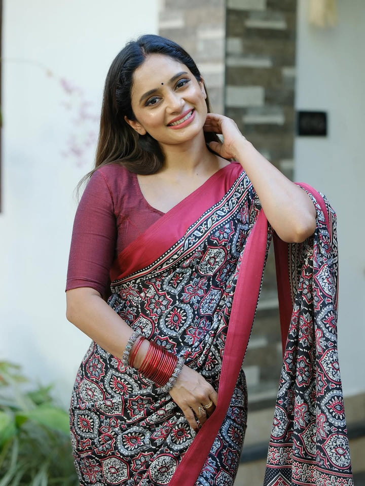 Heritage Ajrakh Digital Printed Saree in Maroon – Wedding & Festive Wear