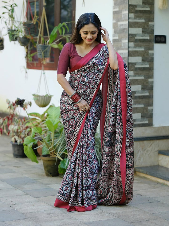 Heritage Ajrakh Digital Printed Saree in Maroon – Wedding & Festive Wear