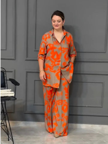 Women’s Orange Printed Co-Ord Set with Wide Leg Pants