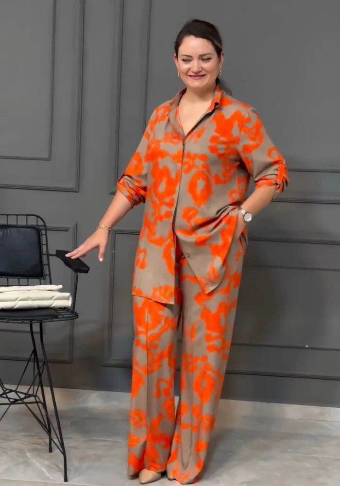Women’s Orange Printed Co-Ord Set with Wide Leg Pants