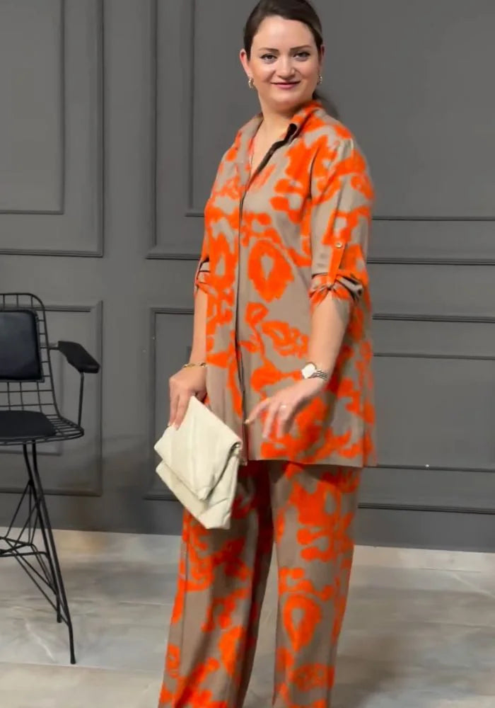 Women’s Orange Printed Co-Ord Set with Wide Leg Pants