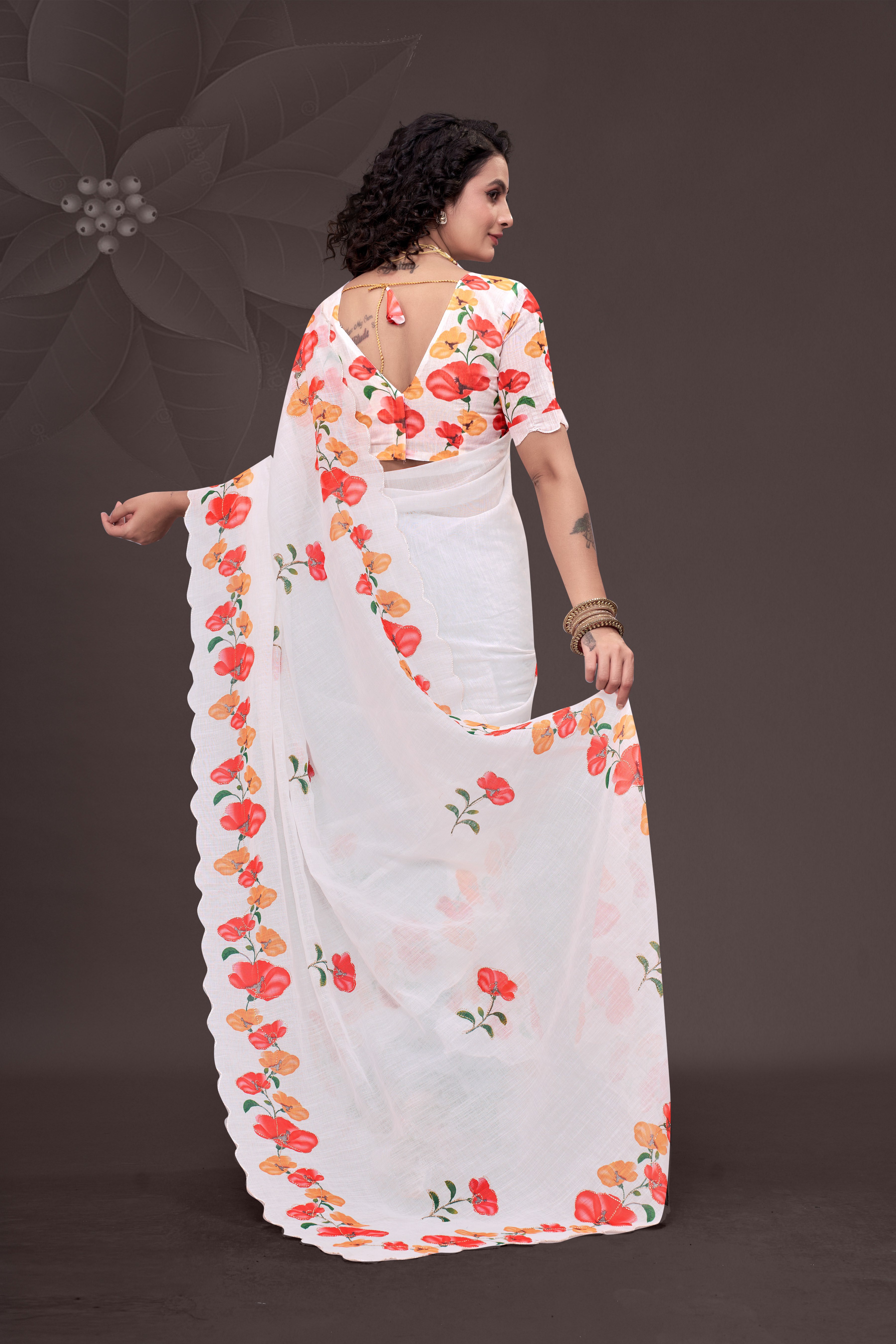 Pure White Floral Print Linen Saree with Elegant Scallop Border