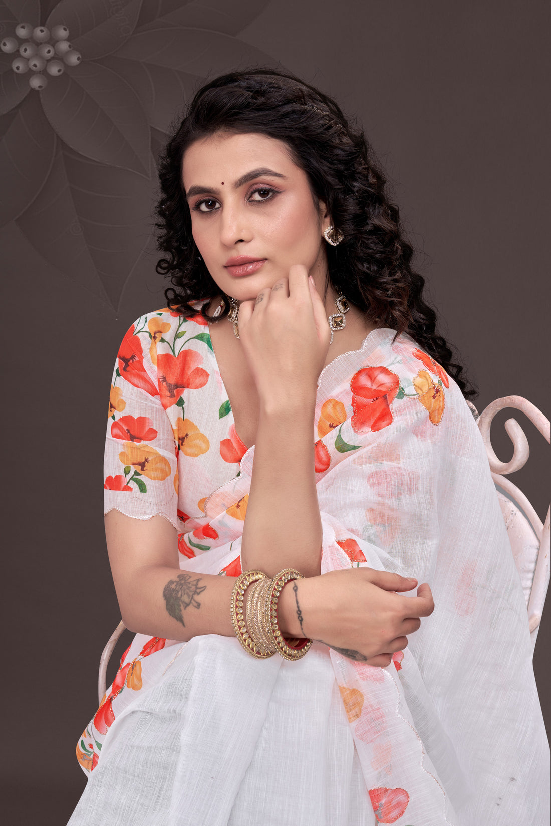 Pure White Floral Print Linen Saree with Elegant Scallop Border