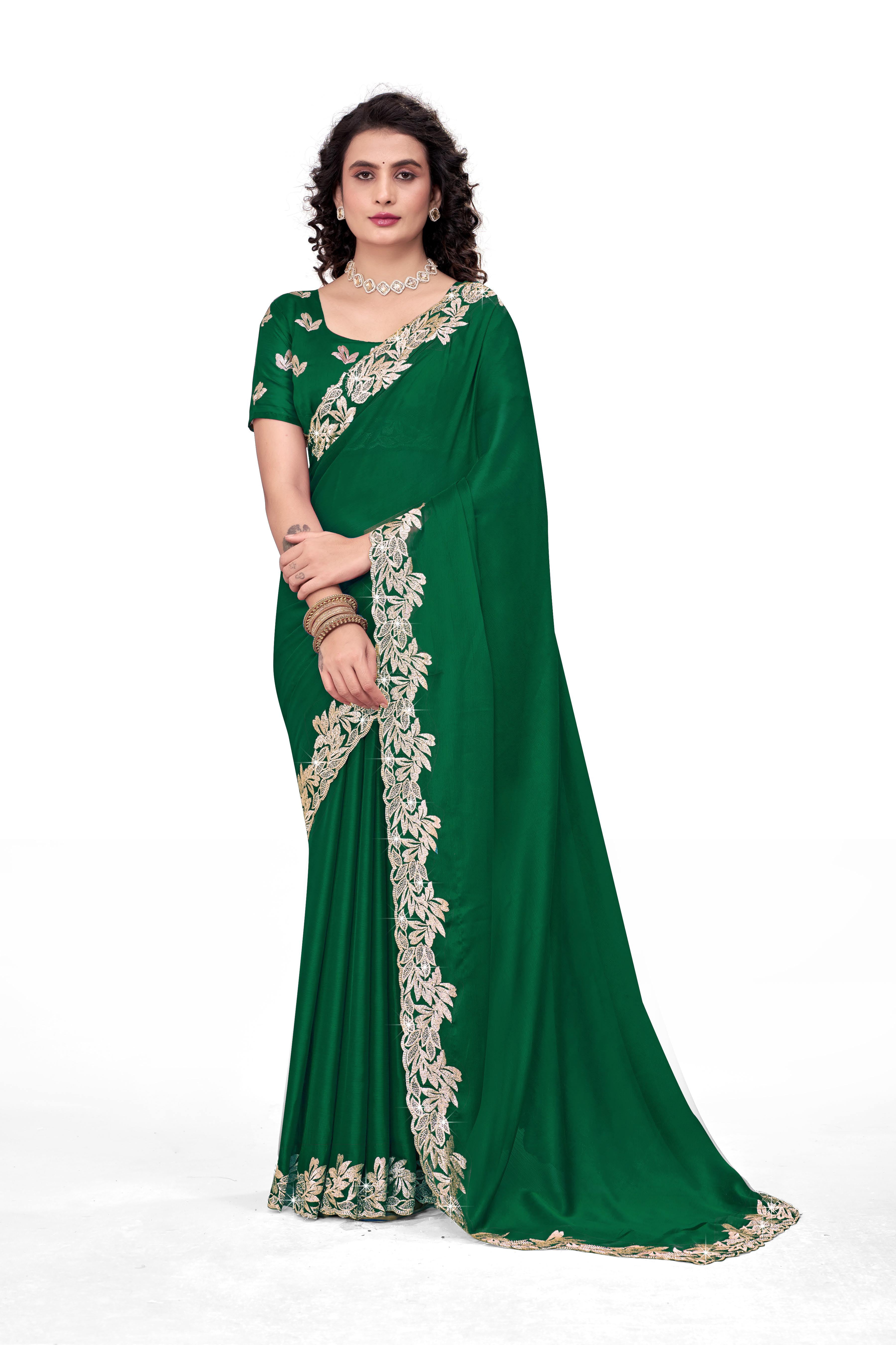 Emerald Green Designer Saree with Golden Embroidered Border