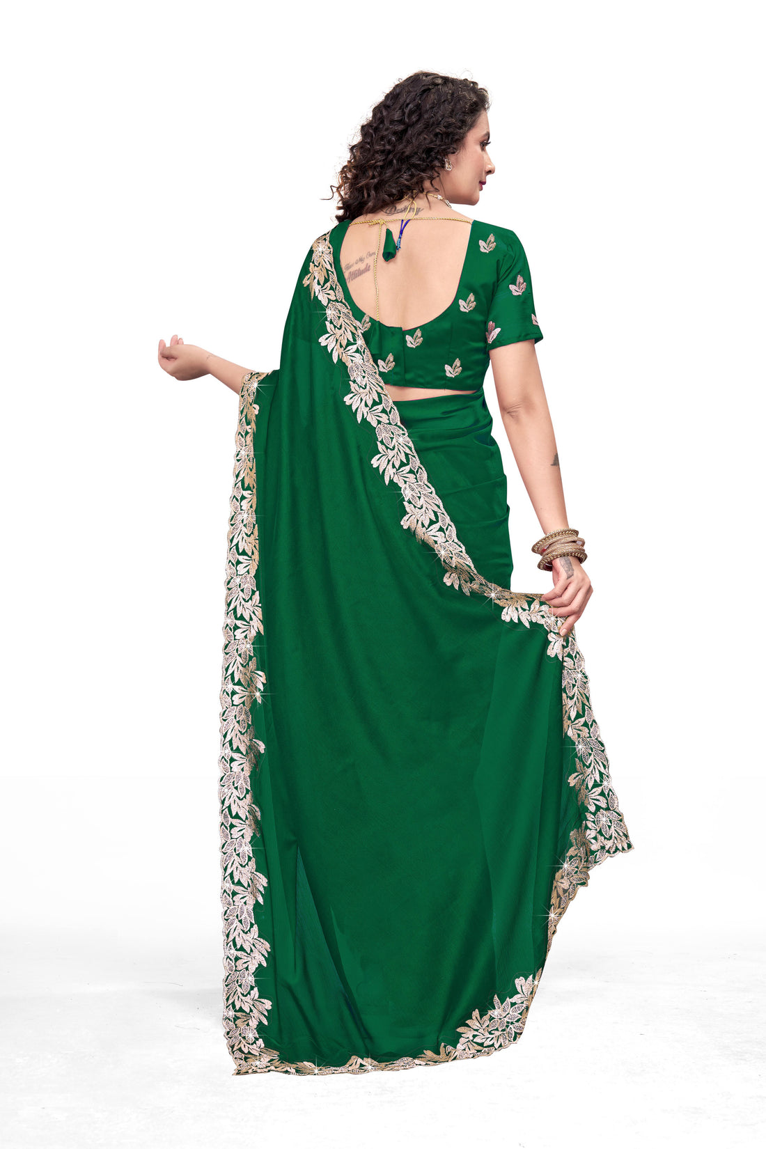 Emerald Green Designer Saree with Golden Embroidered Border